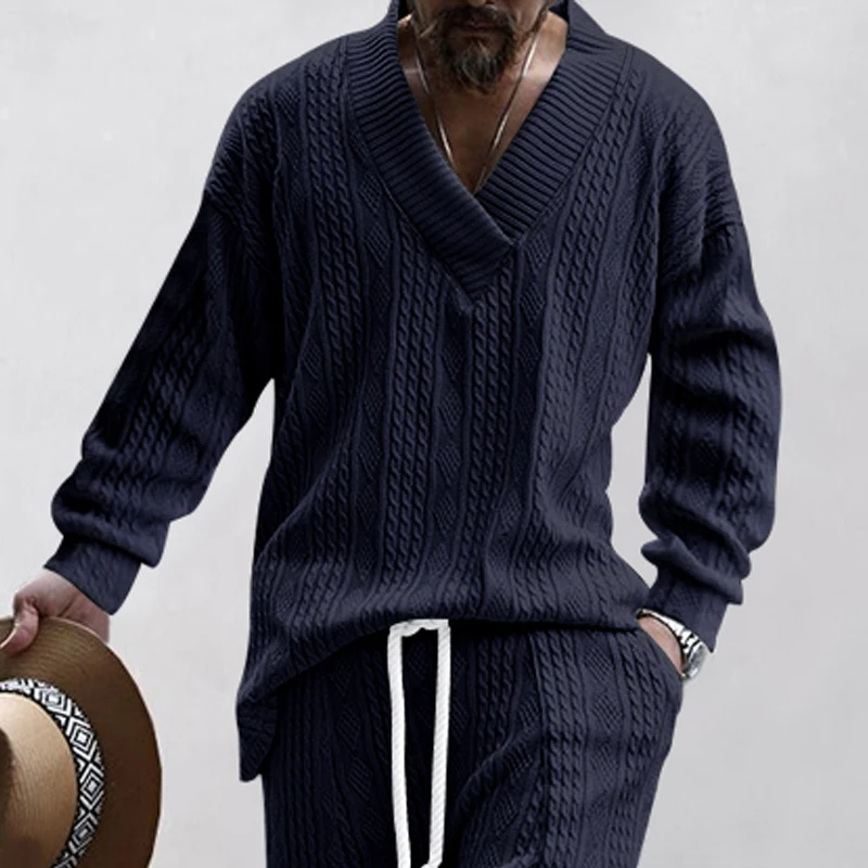 2024 Spring Autumn Cross Border Casual Jacquard Knitwear Men's Spring and Autumn Loose Long Sleeve T-Shirt Men's V-Neck Pullover