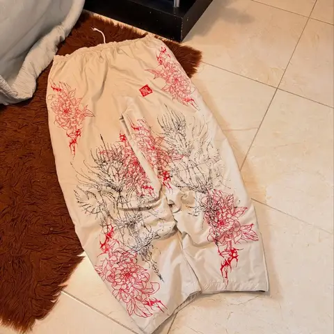 Harajuku Red Spider Lily Print Casual WideLeg Cargo Pants Japanese Unisex Street Fashion Loose Fit Comfortable Oversize Daily