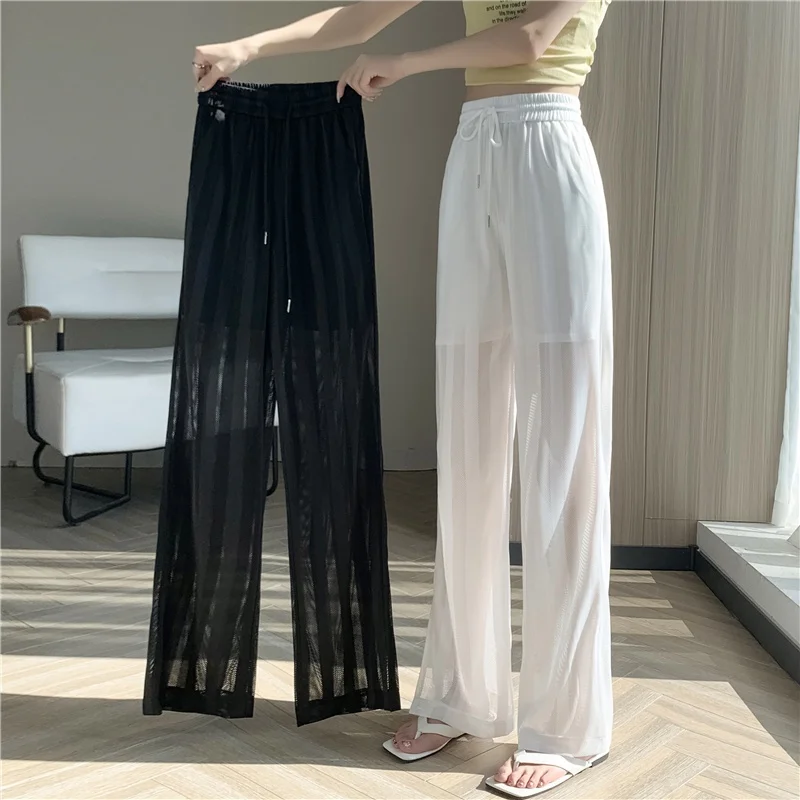 Summer 2026 New Women's Ice Silk Hollow Out Wide Leg Pants High Waist Breathable Sheer Casual Trousers Loose Fit
