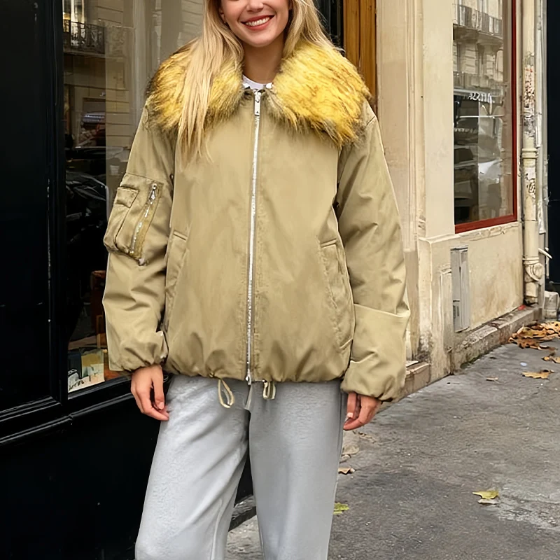 Womens Cotton Padded Jacket With Detachable Fur Collar Zip Up Cotton Jacket Stylish And Versatile Winter Essential Trafizaran