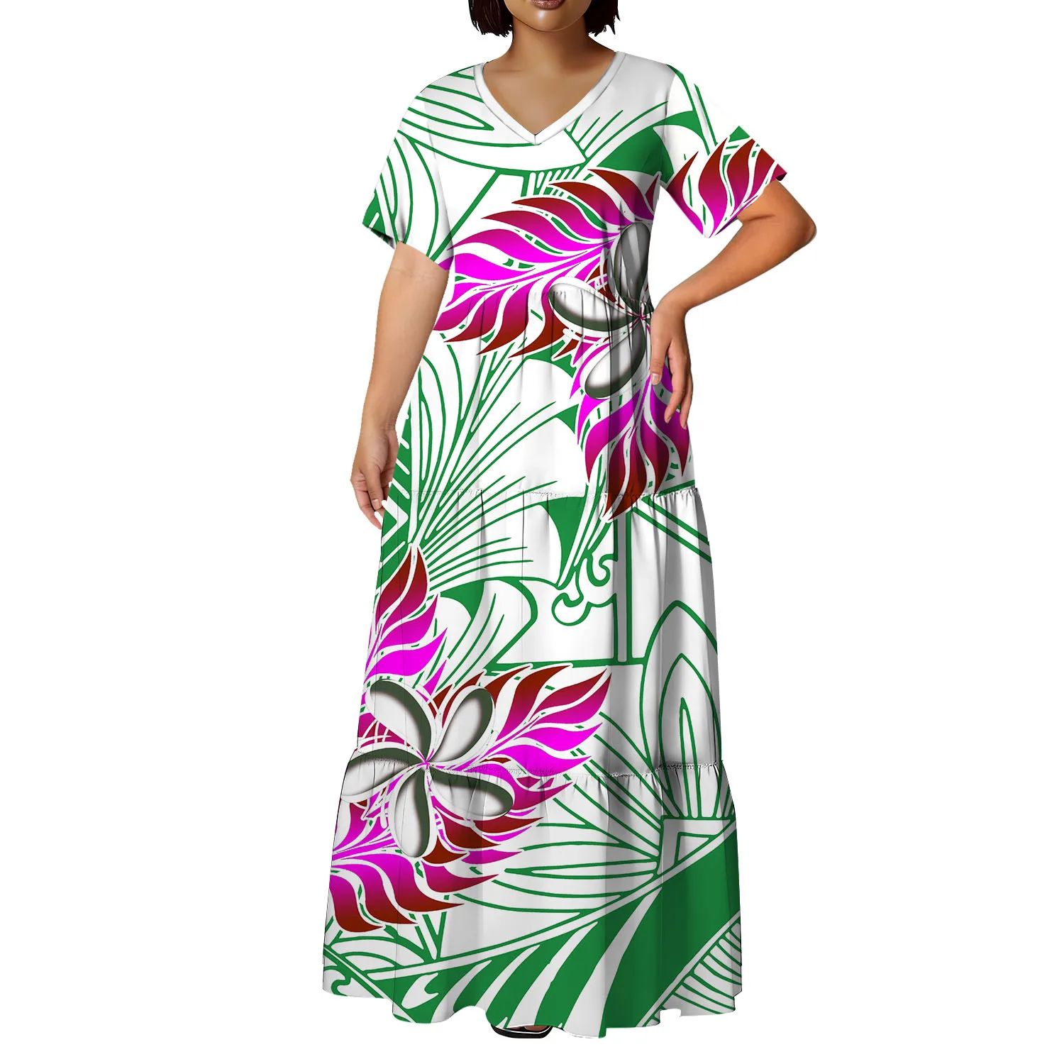 

Polynesian Custom Women'S Dress Pattern V-Neck Fluffy Skirt Samoan Floral Pattern Design 2026 New Style Banquet Dress