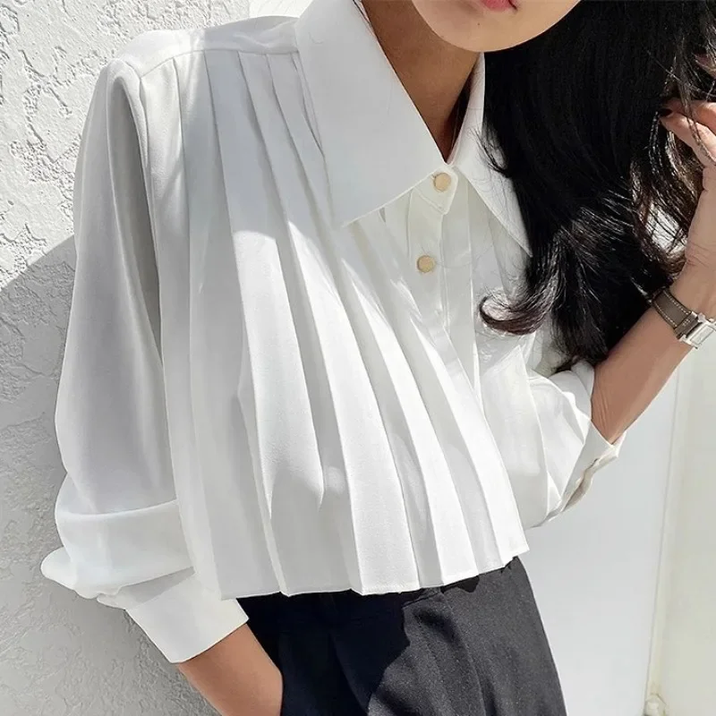 Neploe Elegant Lapel Neck Single Button Blouses 2024 Autumn Loose Pleated White Shirts Women Y2k Long Sleeve Blusas Mujer