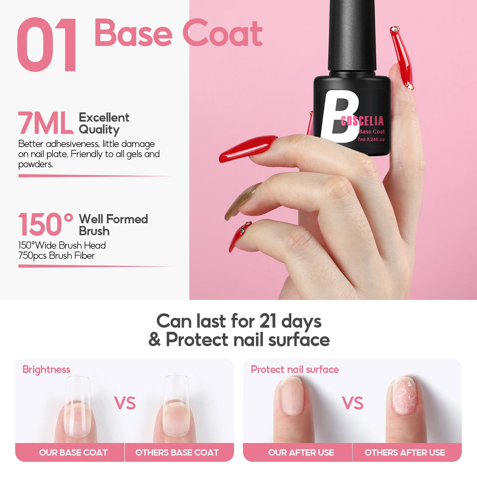 COSCELIA Nail Gel Polish Base Coat Top Coat Matte Top Coat 3pcs Set 7ml No Wipe Shiny Top Coat Long Lasting Salon Quality