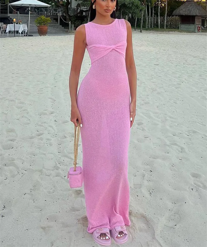 

Women's Sexy Sleeveless Long Bandage Knit Dress, Female Swimsuit, Swimwear, See-through, Crochet Bikini Cover-ups, Beach Dress