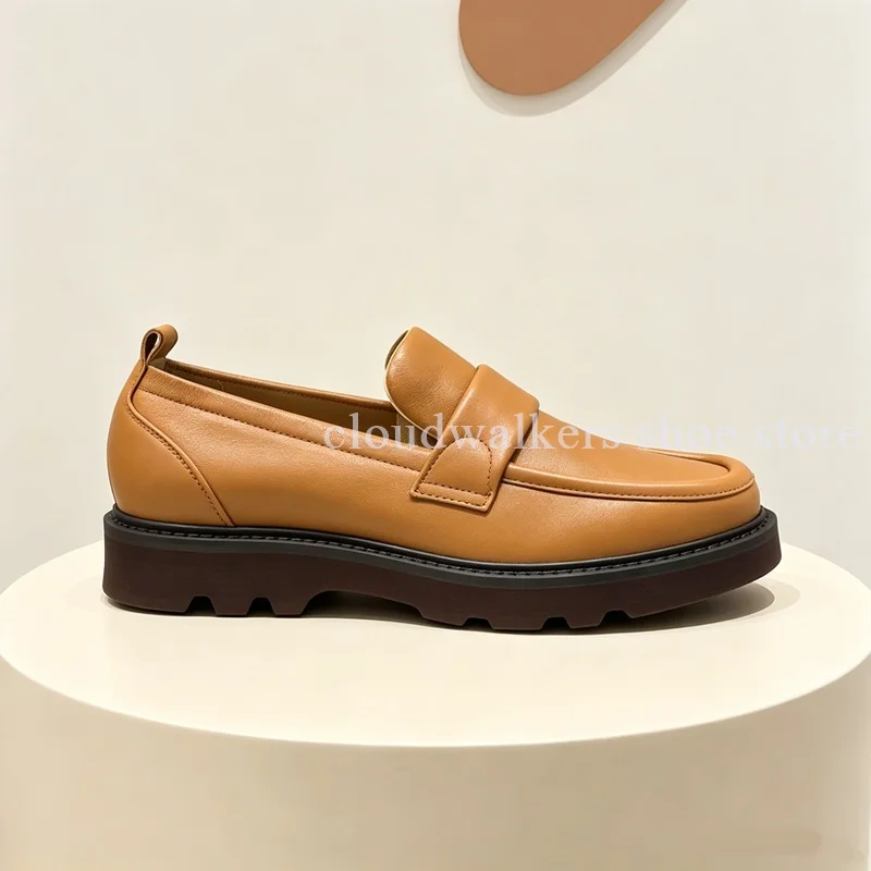 Men's Brown Matte Leather Flat Loafers Vintage Round Toe Platform Slip On Penny Loafers Dating Trendy All Match Daily Footwear