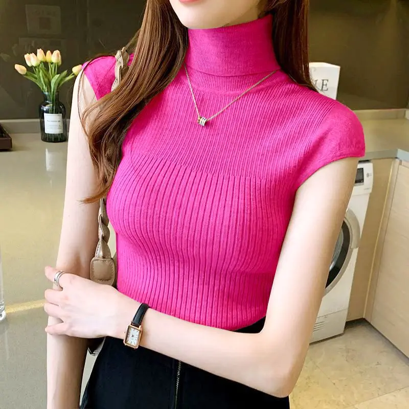 2024 Vest Women's Inner Wear Spring and Autumn High Neck Sleeveless Knitted Sweater Base Layer Shoulder Warm Simple Top