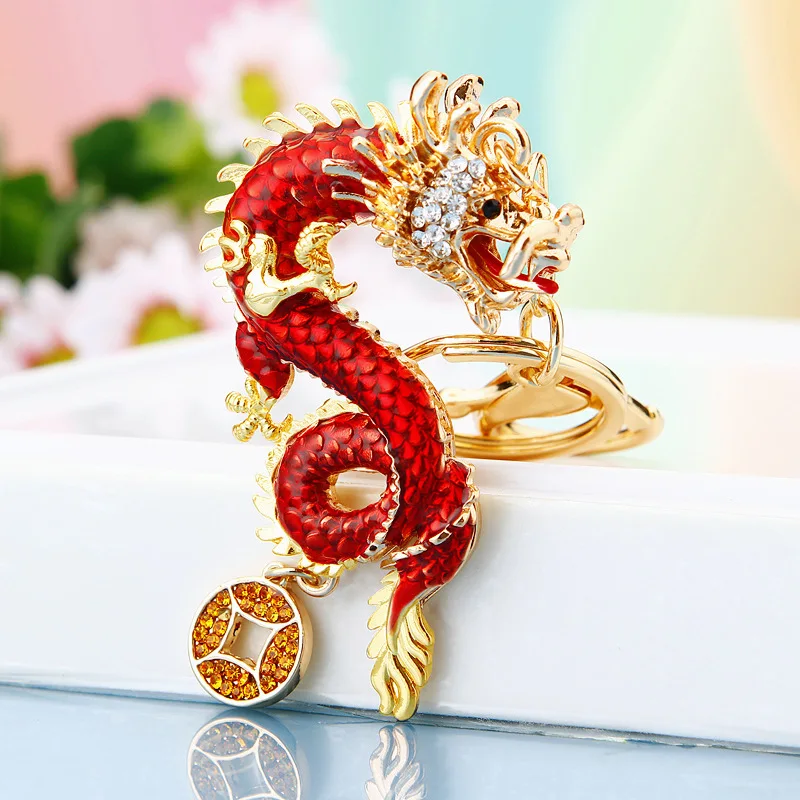 Diamond-Encrusted Chinese Dragon Car Keychain Metal Zodiac Couple Men's And Women's Bag Pendant Red Loong Charms Festive Gift