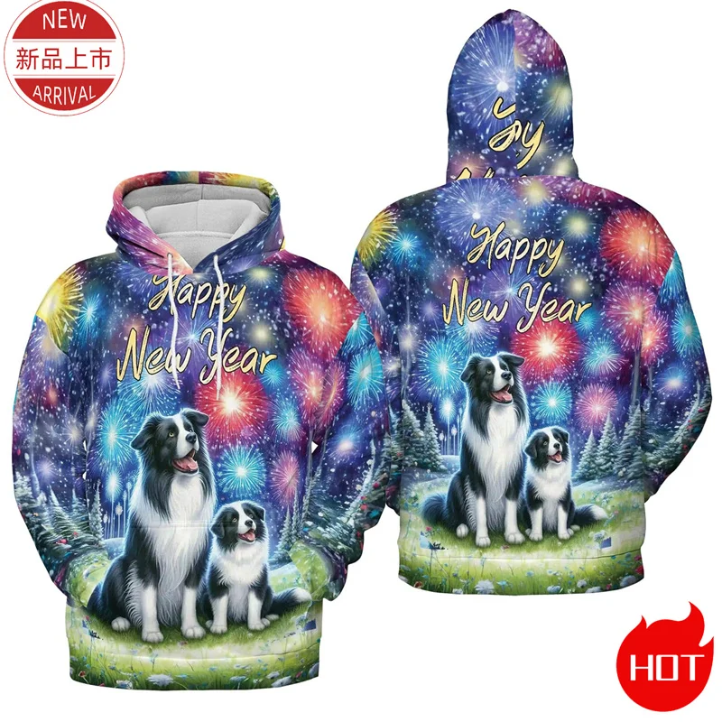 3D Print 2025 Happy New Year Hoodies Firework Cute Pull Terrier Corgi Graphic Hooded Hoody Fashion Streetwear Mens Clothing Tops