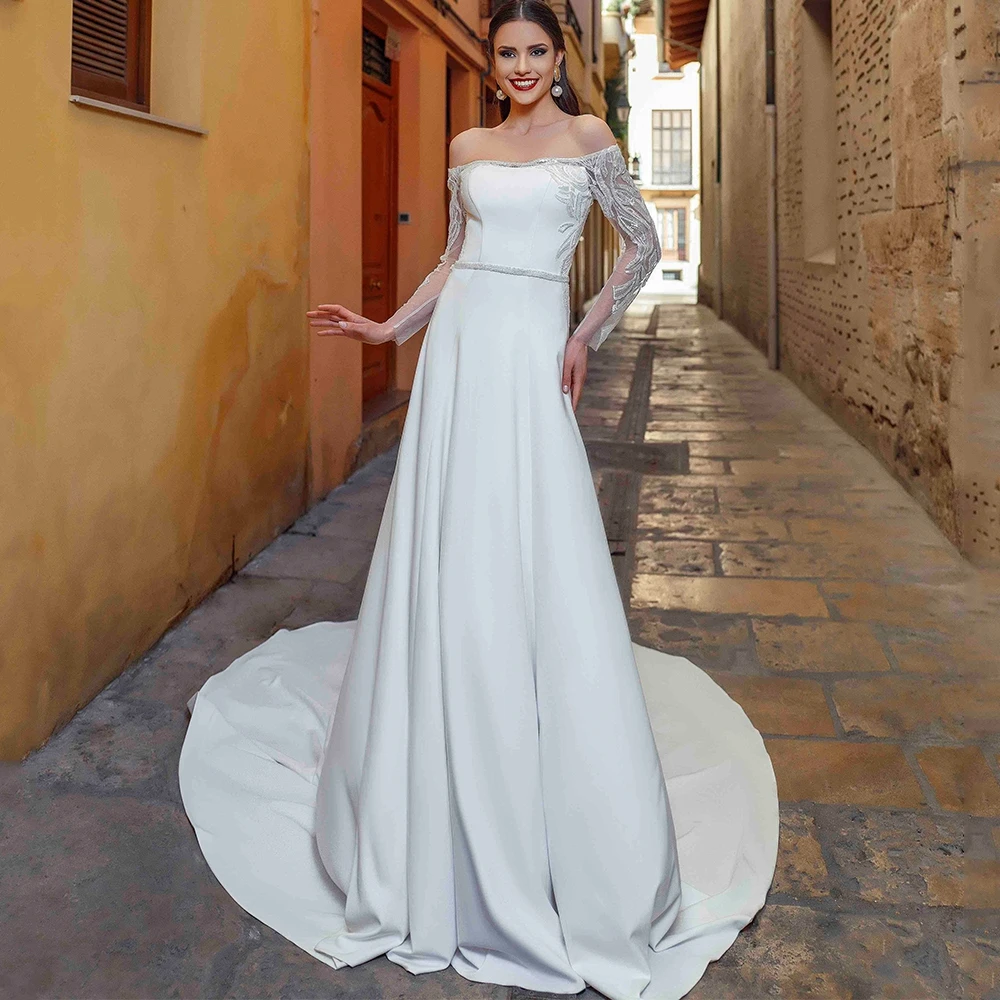 

Off Shoulder Wedding Dress Long Sleeve Appliques Satin One Word Tie Belt Long Skirt Bridal Marring Gown Can Be Customized