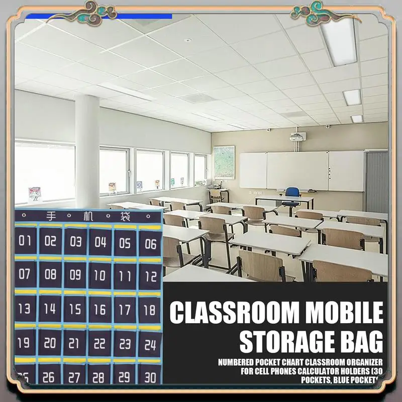 Durable Numbered Pocket Chart Classroom Organizer For Cell Phones Calculator Holders (30 Pockets, Blue Pockets)