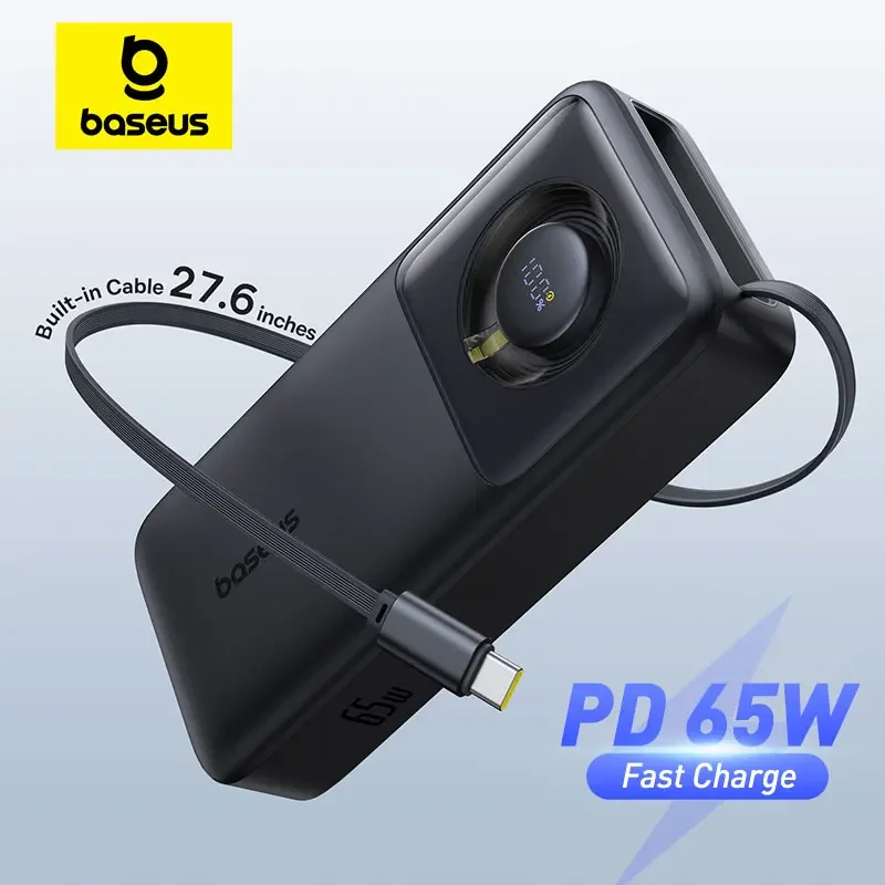 Baseus 65W Power Bank 20000mah Fast Charging with Built-in Retractable Type-C Cable for Laptops iPhone 16 15 Pro Max