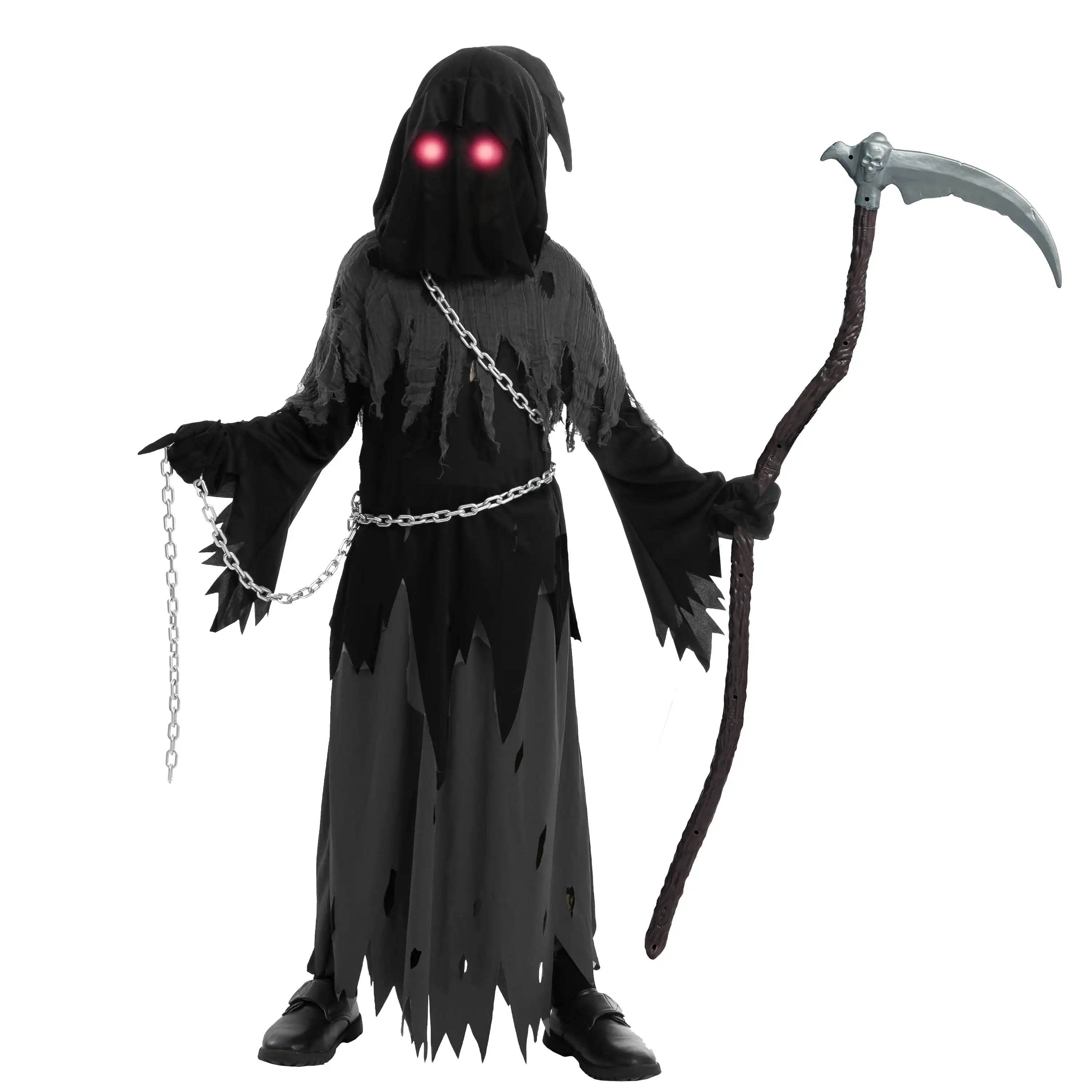 زي Joyfy Child ذو عيون متوهجة Grim Reaper، زي فانتوم للأطفال في الهالوين فستان فاخر من 5 إلى 12 سنة