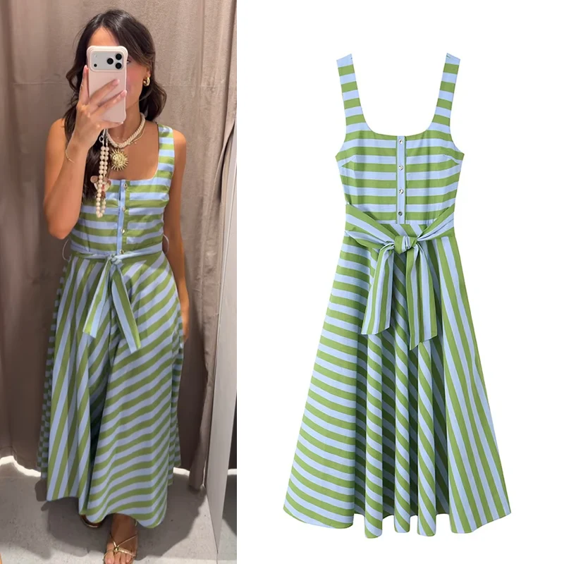 

Women's Dress 2026 Summer New Fashion Vacation Style Stripes Midi Dress with Belt Casual Chic Female Dress