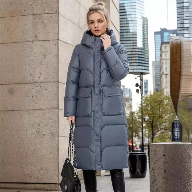 2024 New Thicken Snow Parkas Fashion Windproof Glossy Down Cotton Hooded Women Jacket Winter Loose Long Coat Ladies Outwear