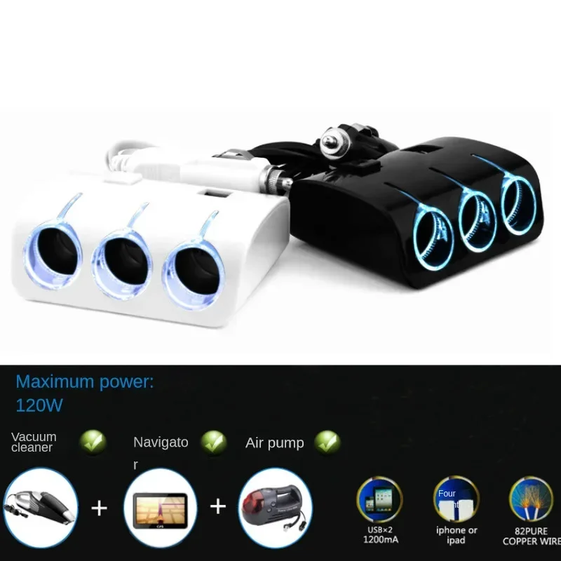 12V/24V Multifunctional Car Single Point Three-point Cigarette Lighter One To Three withUSB Power ConverterCar Charger SubSocket