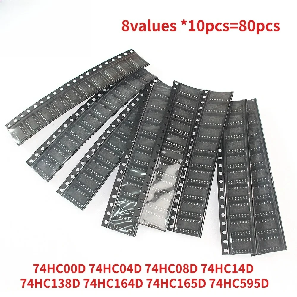80pcs Integrated Circuits Kit SMD 74HC00D 74HC04D 74HC08D 74HC14D 74HC138D 74HC164D 74HC165D 74HC595D SOP Logic IC Chip Set