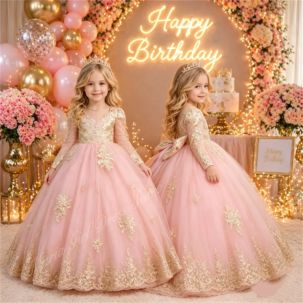Pink First Community Girl Dress 2026 Gold Embroidered Big Bow Tail Long Sleeve Elegant Flower Girl Dress for Party Birthday