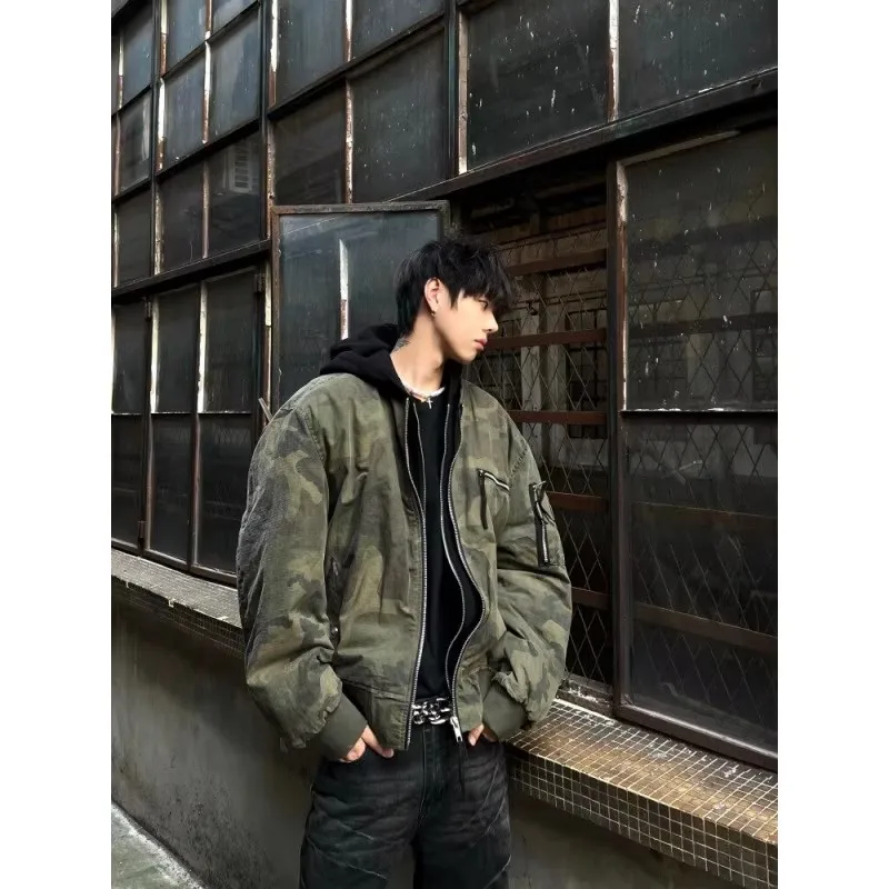

American High Street Camouflage Fake Two-piece Men's Jacket Autumn Winter New Hooded Bomber Jacket Men Zip Up Hoodie Streetwear