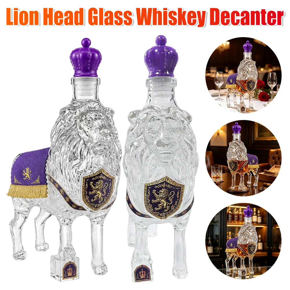 Unique Lion Shaped Empty Glass Decanter, Hand‑Crafted Liquor Wine Whiskey Bottle, Animal Figurine Glassware for Home Bar