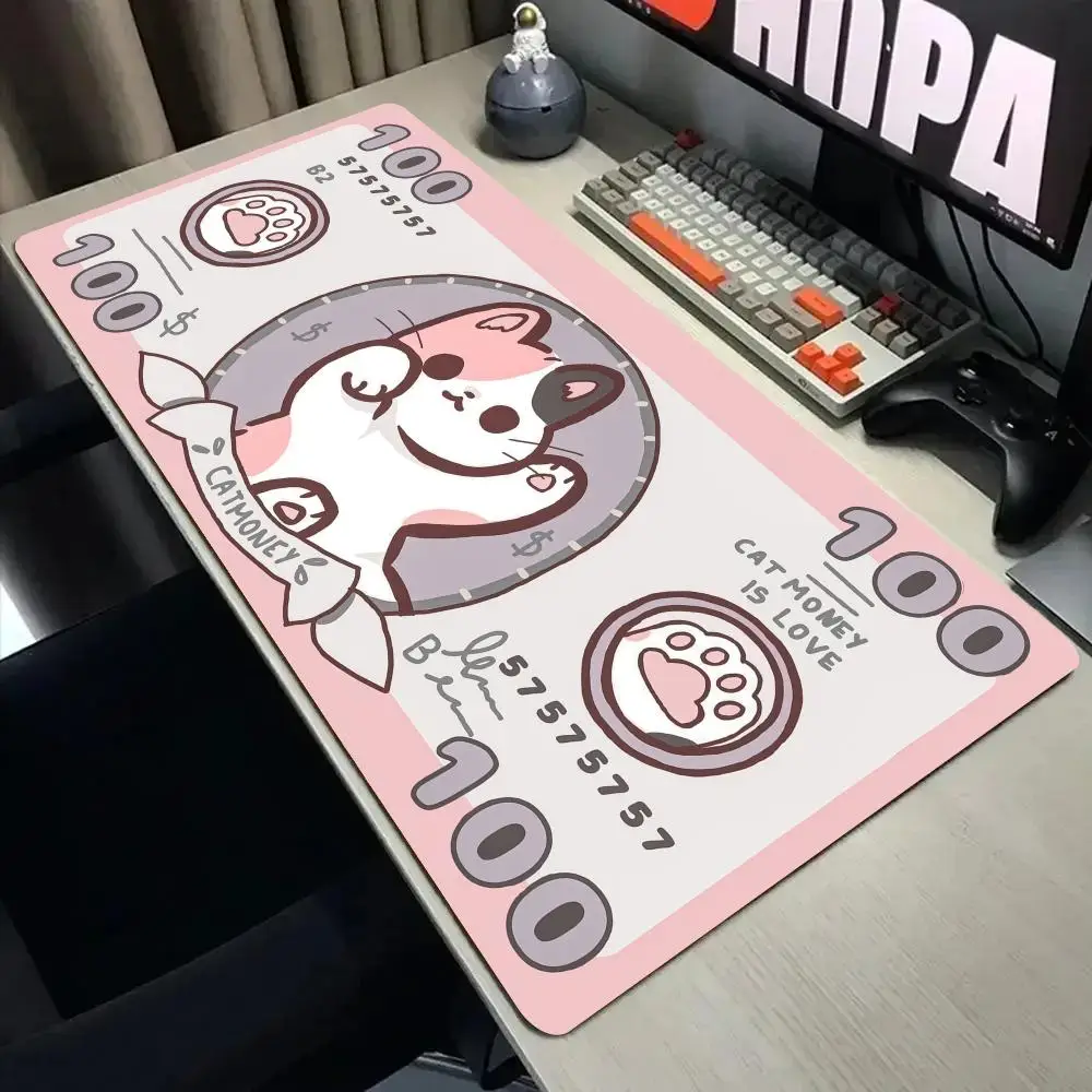 Cute cat banknotes large Mouse Pad Desk Mat with Stitched Edge Non-Slip gaming mats pc accessories keyboard desk pad mauspad