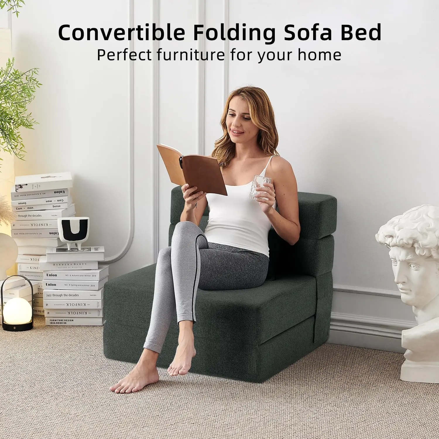 Convertible Folding Sofa Bed - Sleeper Chair with Pillow, Modern Linen Fabric Floor & Futon Couch, Foldable Mattress for Dorm