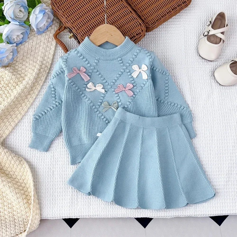 Round Neck Long Sleeved Sweater+A-line Skirt Set Korean Version College Style Girls Clothes Winter Cute Bow Tie Sets