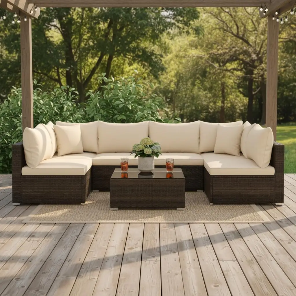 7 Pieces Wicker Patio Furniture Set, All-Weather Outdoor Rattan Sectional Sofa Set with Cushions & Tempered Glass, Custom image 3