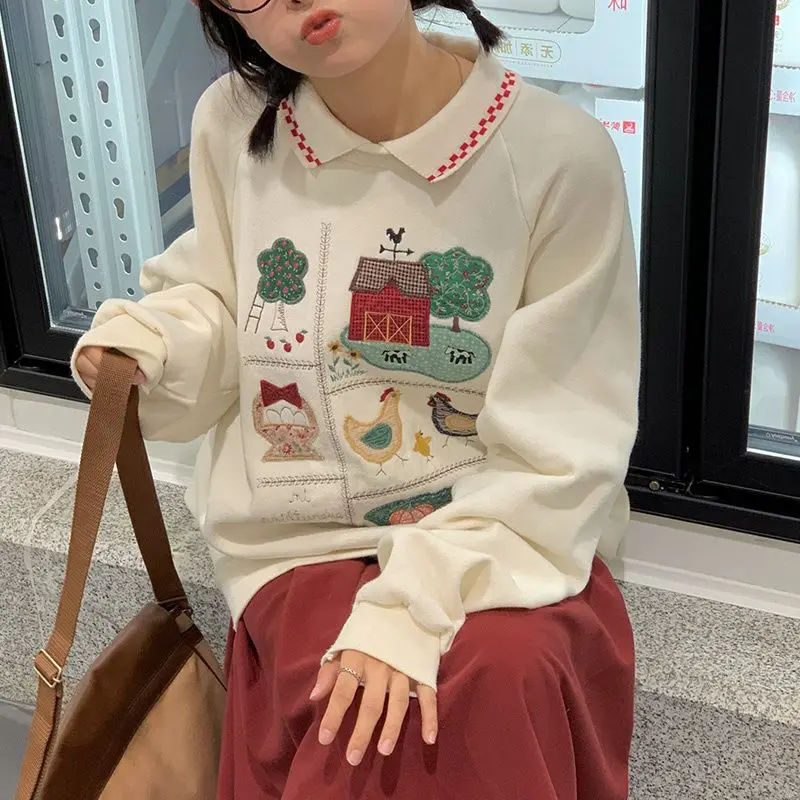 Graphic Hoodies Casual Loose Pullover Autumn Clothes Women Korean-style All-match Street Wear Trendy Embroidery Loose Daily Cozy