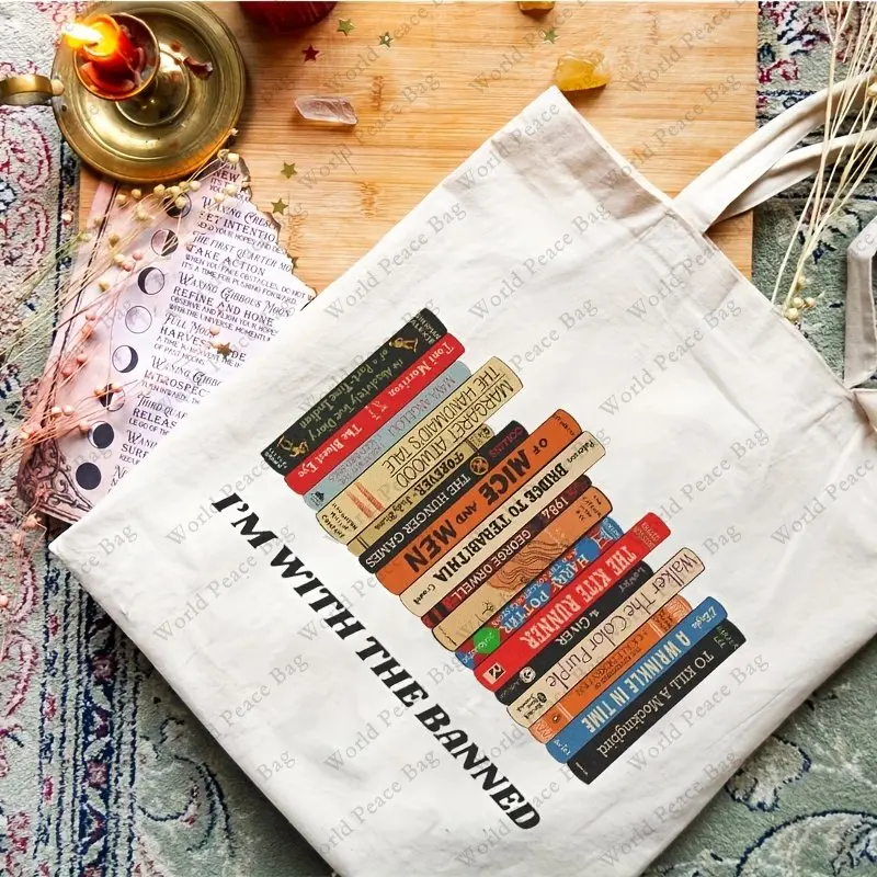 Im with The Banned Book Pattern Canvas Tote Bag, Banned Books Handbag, Literary School Shoulder Bag,gift Bag for Her