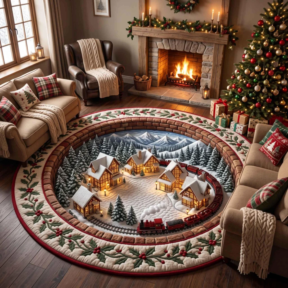 3D Gingerbread House Round Rug Village Bakery Pattern Mat Holiday Living Room Bedroom Entryway Large Floor Carpet 2d flat print