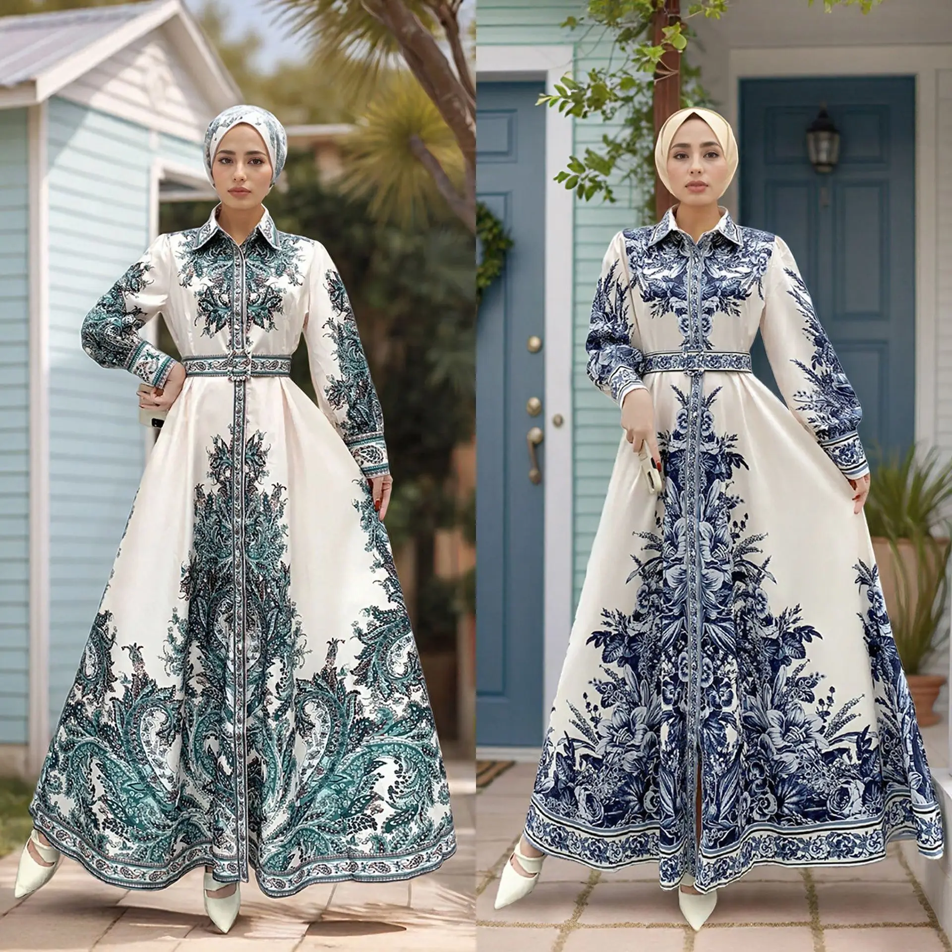 

Casual Muslim Fashion Abaya Women's Spring New Vintage Blue and White Pottery Printed Polo Nail Bead Long Sleeve Waist Dresses
