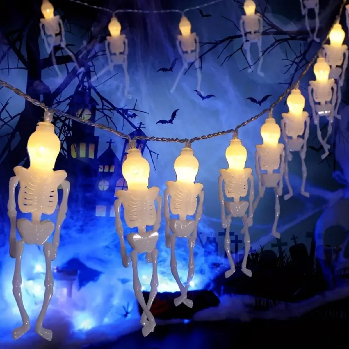 

1pc 10/20LED Halloween Skeleton String Lights Battery Operated Festive Atmosphere Fairy Lights Suitable For Indoor Outdoor Decor