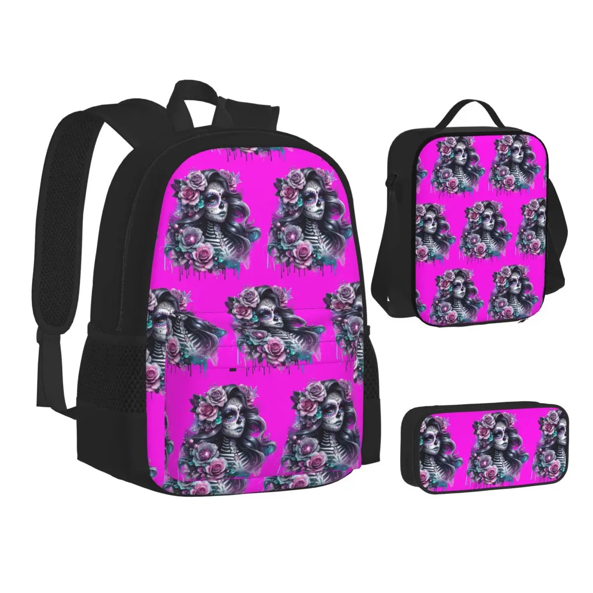 

Gothic Day Of The Dead Girl With Roses Skull Backpacks Bookbag School Bags Children Rucksack Lunch Bag Pen Bag Three-Piece Set