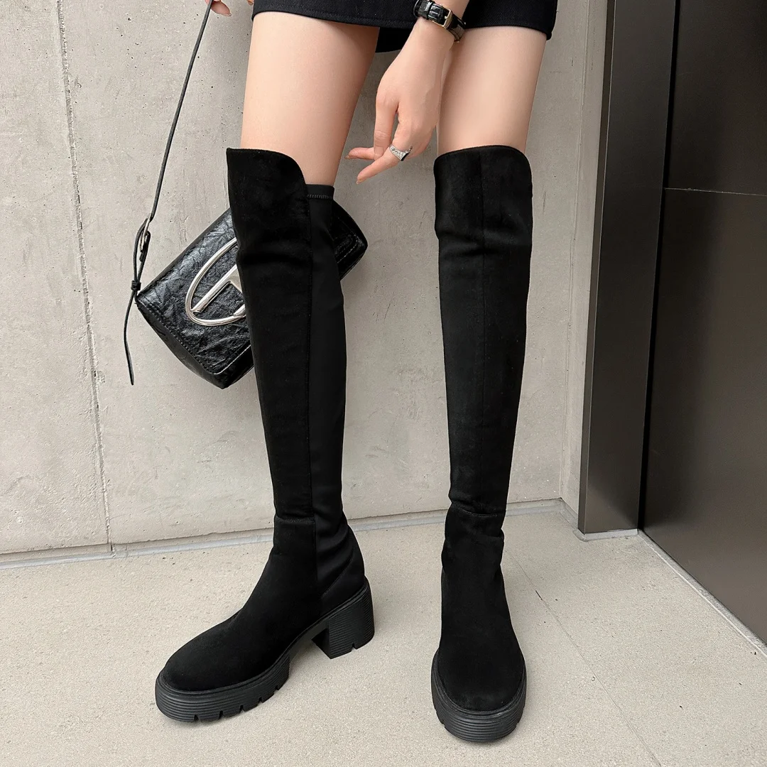 

2024 Autumn/winter women's flock stretch fabric patchwork slip-on over the knee boots black slim chunky heel platform long boots