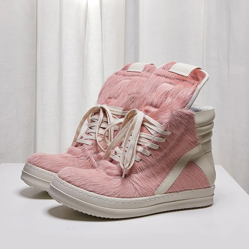 High Street Brand Pink Horsehair Sneaker Men Lace-up Thick Soled High Top Round Toe Women Shoes