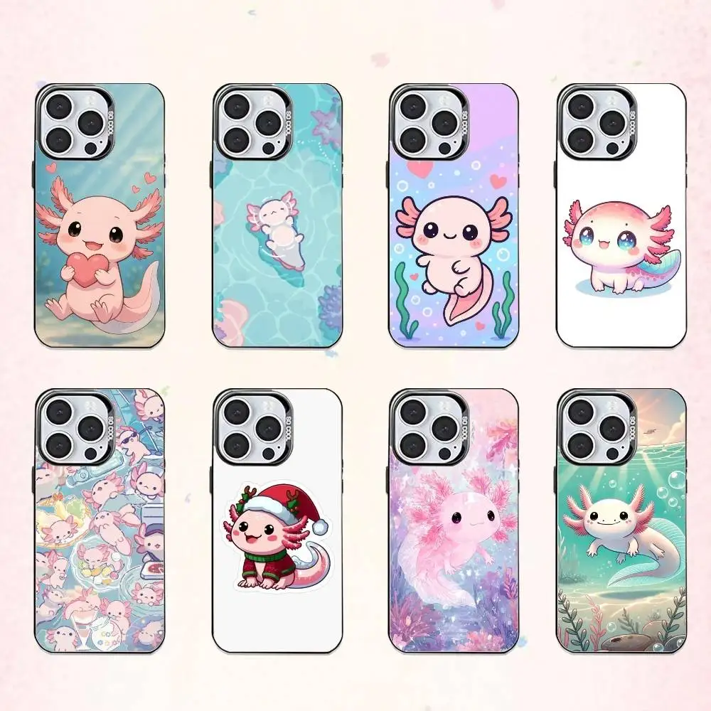 

C-Cartoon Cute A-Axolotl Phone Case For iPhone17,16,15,14,13,12,11 Plus,Pro Max Colored Silver Plated Inside Cover