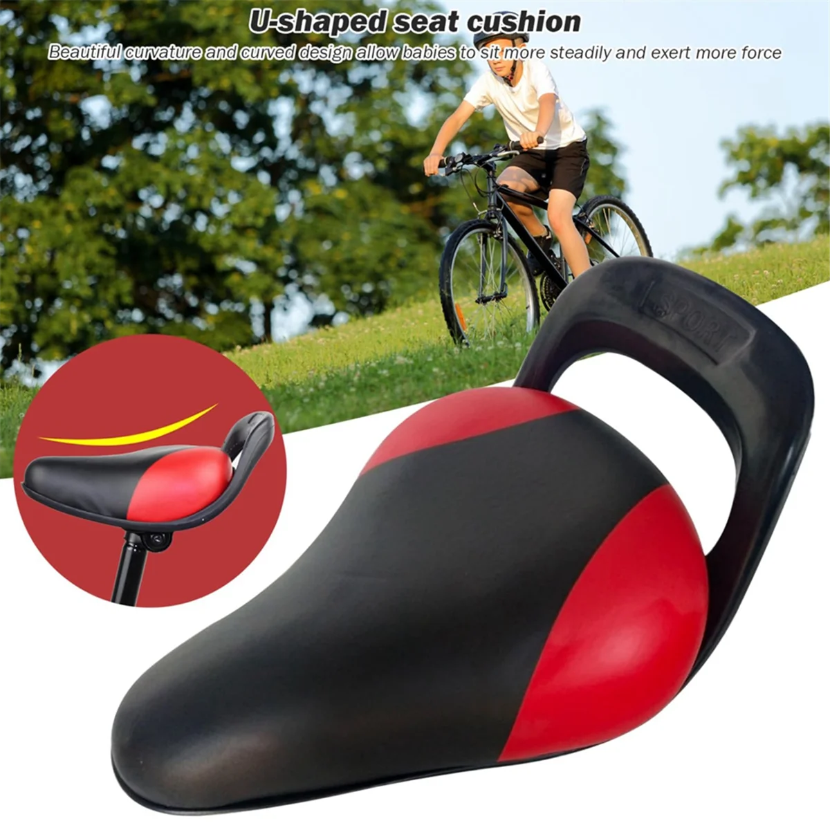 Bike Seat for Kids, Bike Saddle Handled PU Bicycle Seat, Bicycle Child Seat Rear with Handrail, Black&Red