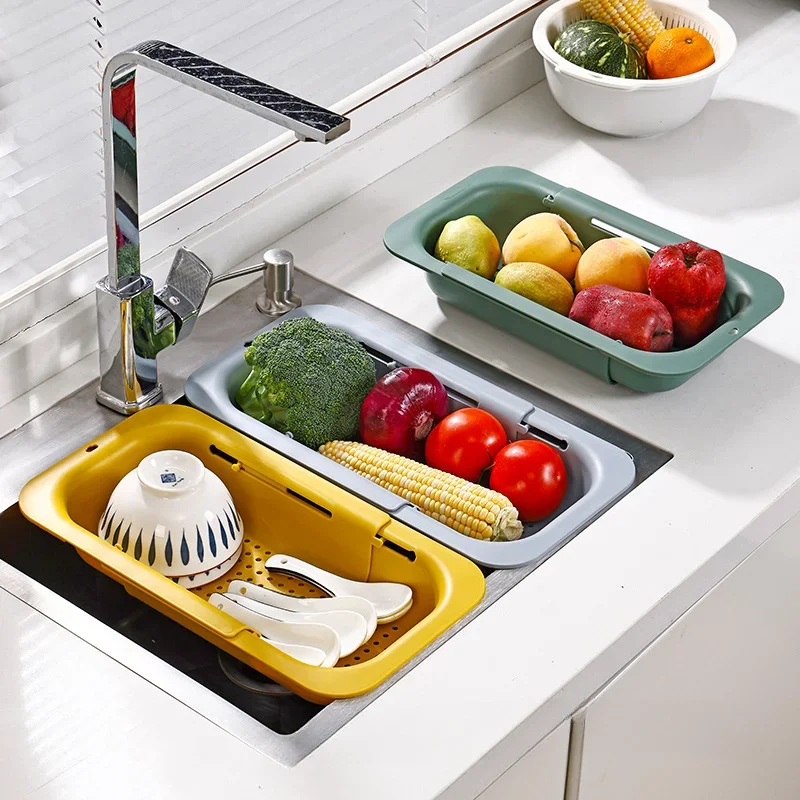 Retractable Sink Drain Rack Drain Basket Dish Shelf Adjustable Vegetable Fruits Washing Basin Filter Basket Kitchen Accessories