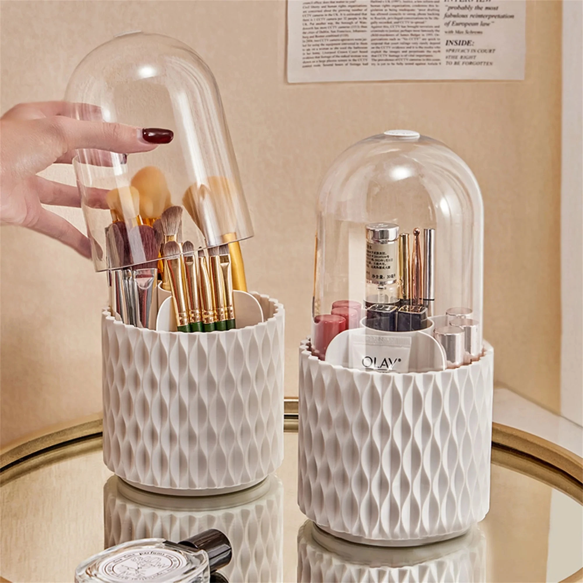 

Makeup Brushes Container Cosmetic Brush Holder Eye Shadow Pencil Storage Bucket Desktop 360° Rotating Vanity Brushes Storage Box