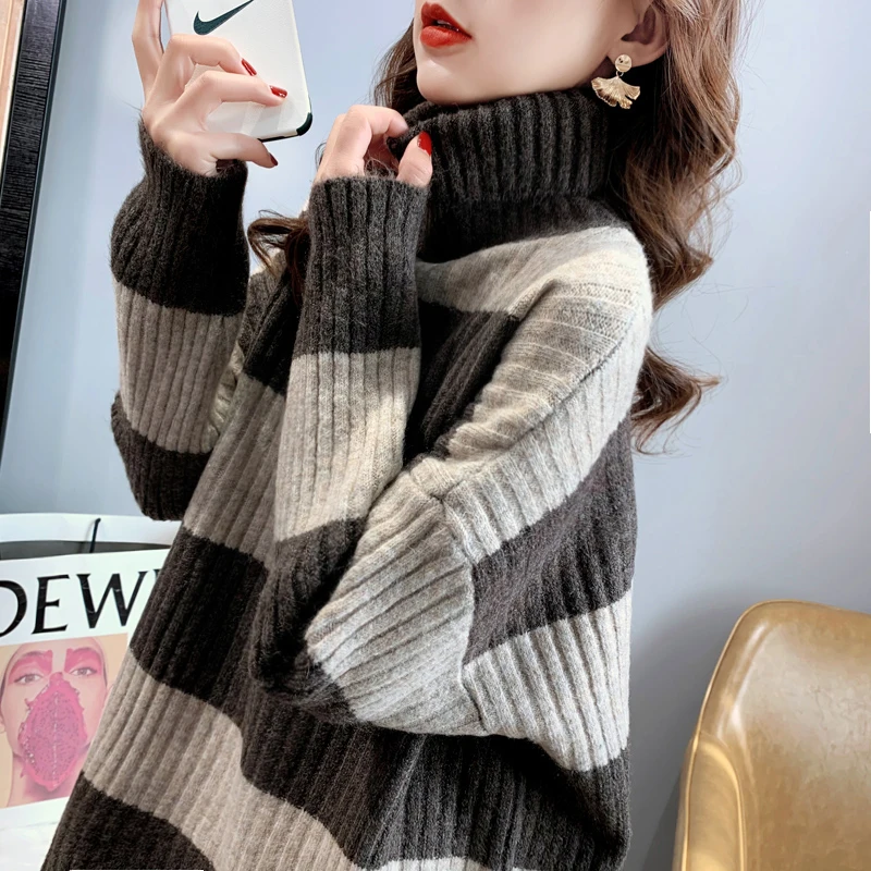 

Women's High Ne Knitted Sweater New Autumn Winter Loose Thiened Lazy Stripe Knitwear Base irt Top