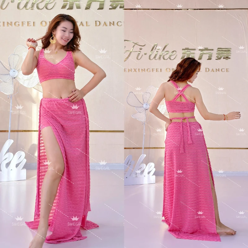 

Индивидуальный топ и юбка из 2 предметов, костюмы для танца живота, тренировочный наряд, платье для восточного танца, комплект с кружевной юбкой и волнами, женская одежда