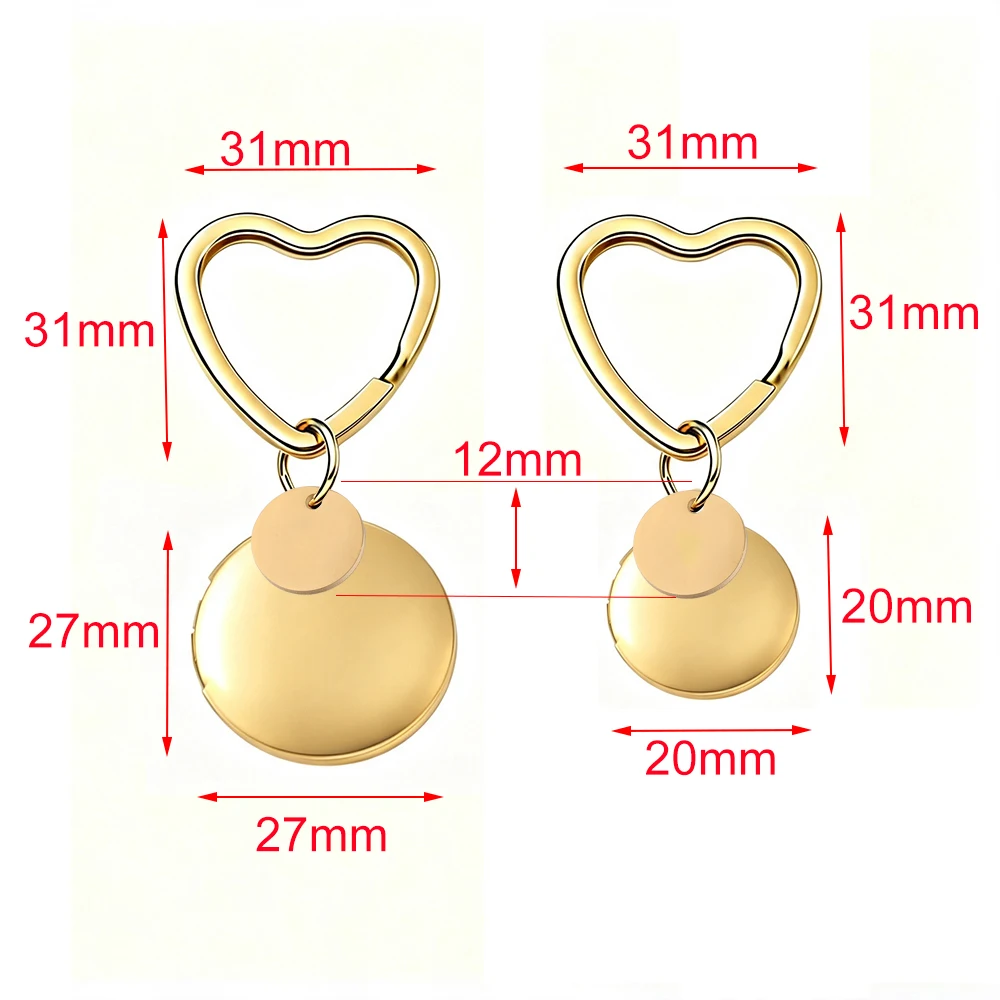 Fnixtar 10pcs Key Chain Stainless Steel Round Locket With Disc Charms Heart Key Ring Lover Family Friends Jewelry Gift