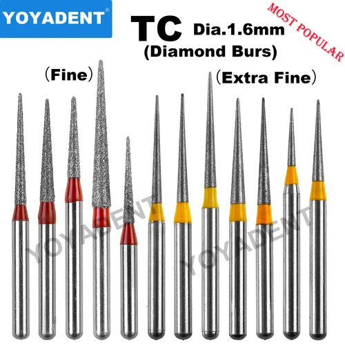 Fresas dentales tipo TC, fresas de diamante dentales extrafinas, fresas de odontología para turbinas de alta velocidad, diámetro 1,6mm, 10 unidades por paquete