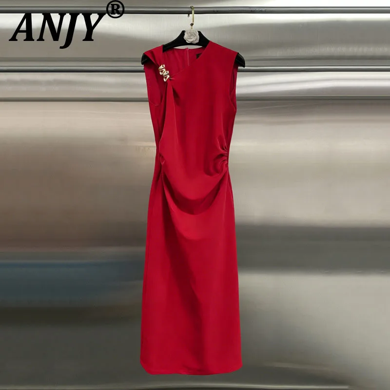 

ANJY 2026 Spring Summer New Women Fashion Light Luxury Elegant Dress Versatile Metal Embellishments Asymmetrical Neckline A18918