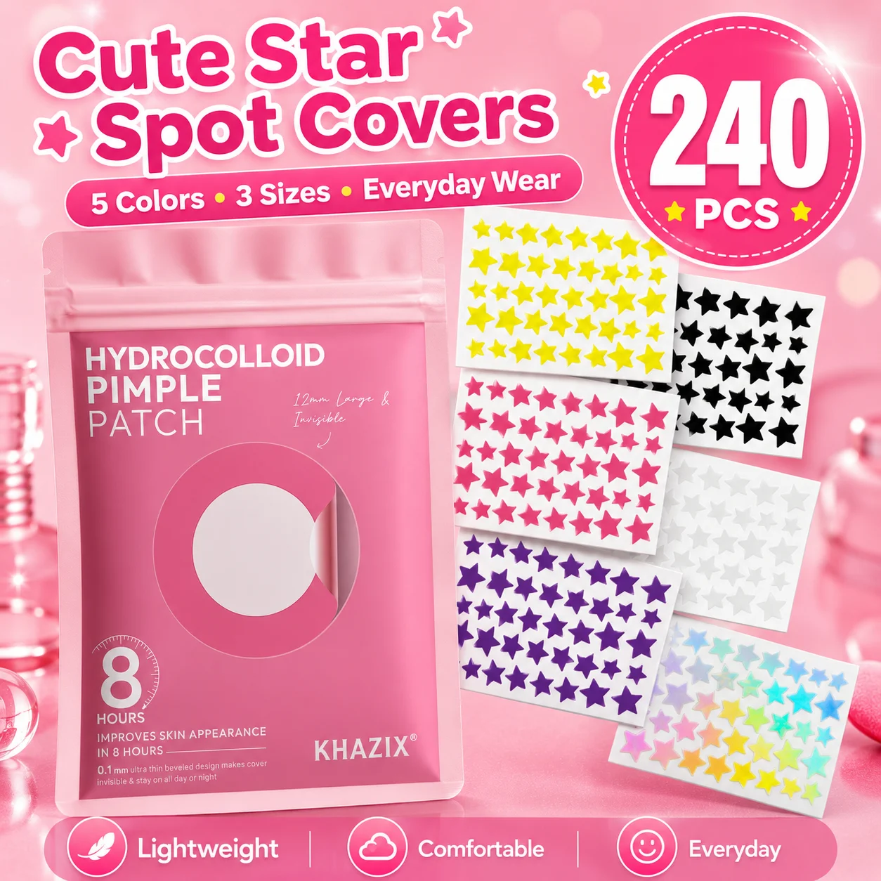 240PCS Star Pimple Patches For Face Hydrocolloid, Absorbing Cover, Tea Tree, Hydrocolloid Acne Patch, Cute Star Pimple Patch