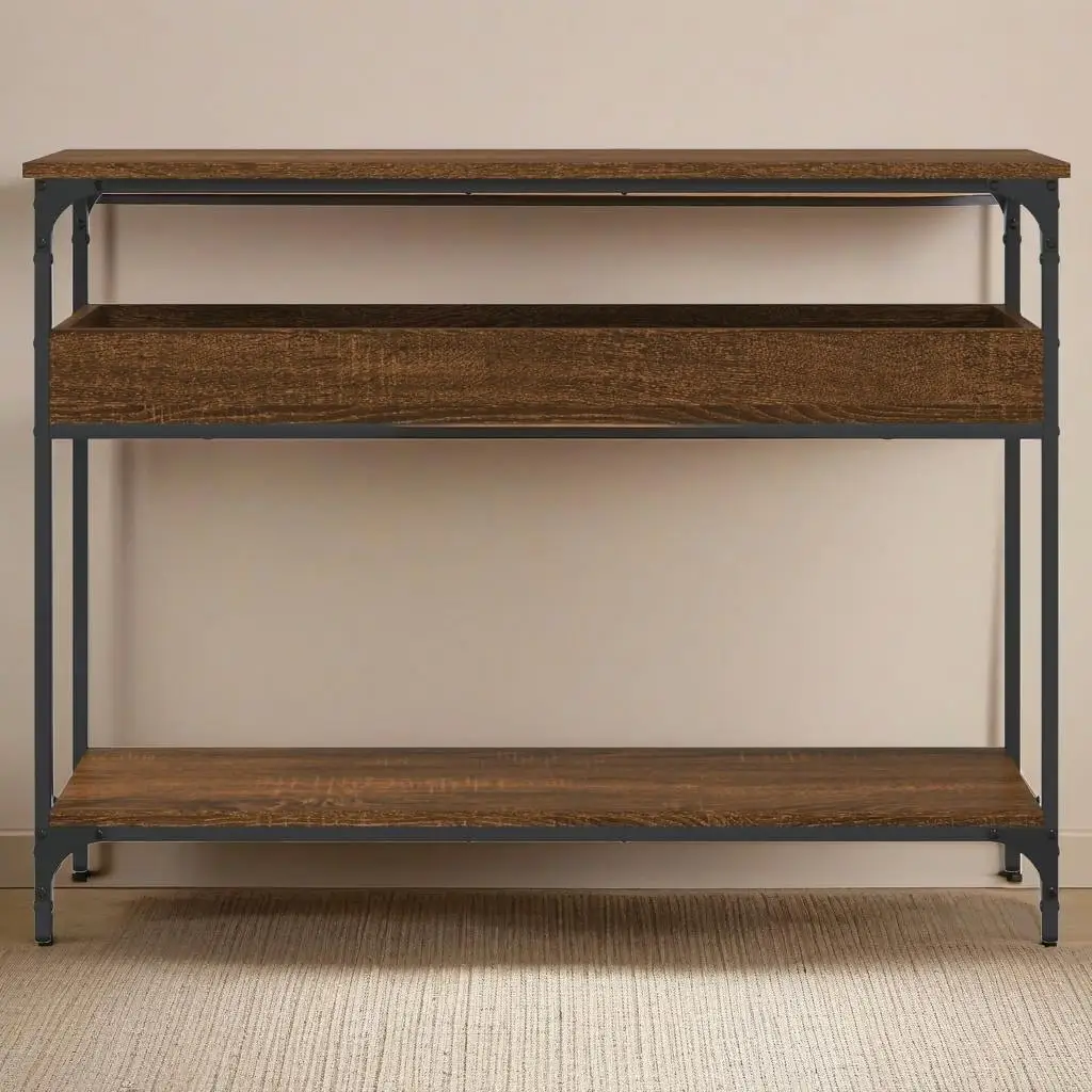 Stylish Brown Oak Console Table with Shelf, 39.4x11.4x29.5, Durable Engineered Wood Furniture