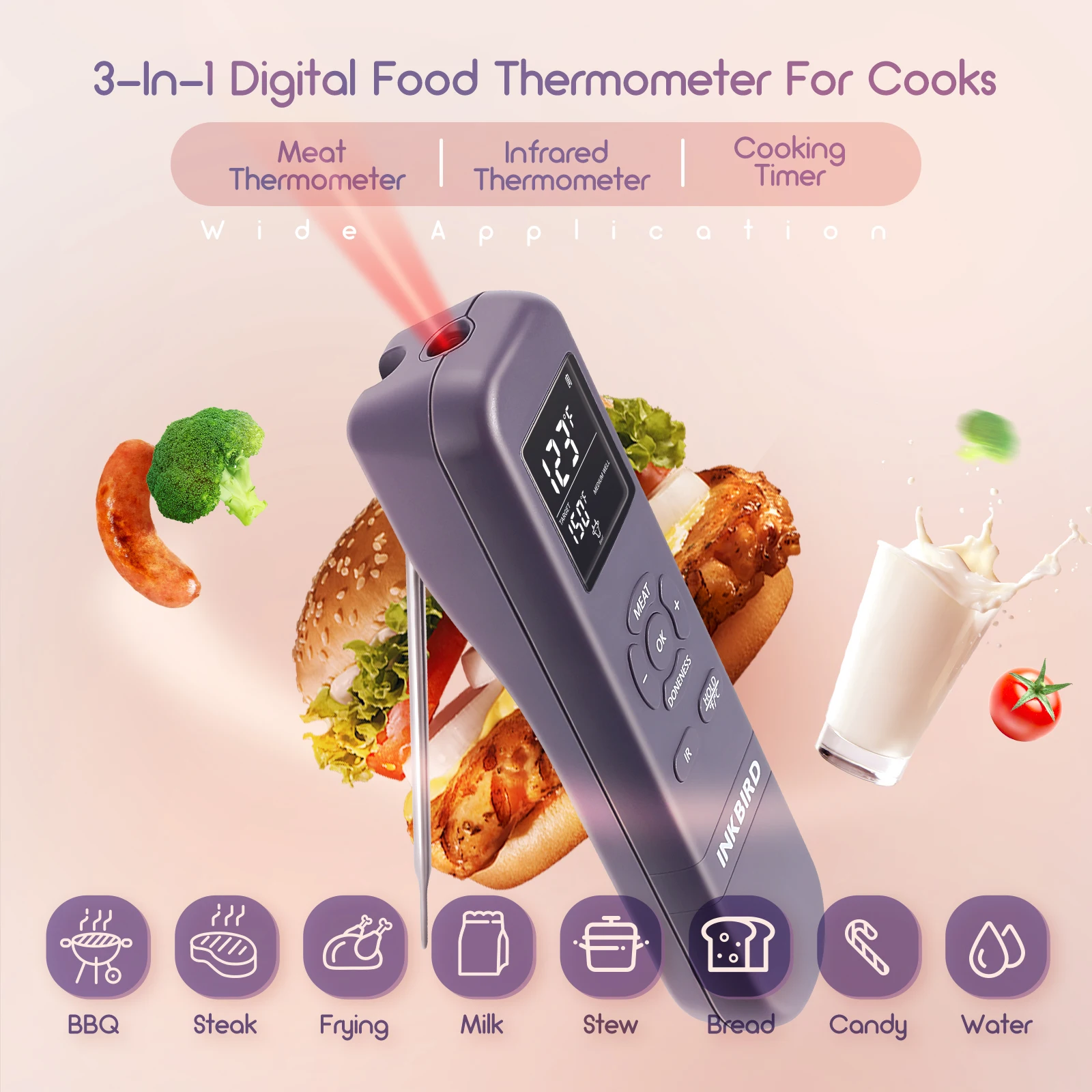 INKBIRD 3-In-1 Multifunctional Food Thermometer High Accyracy Foldable Probe Digital Meat Thermometers for Cooking Baking Grill