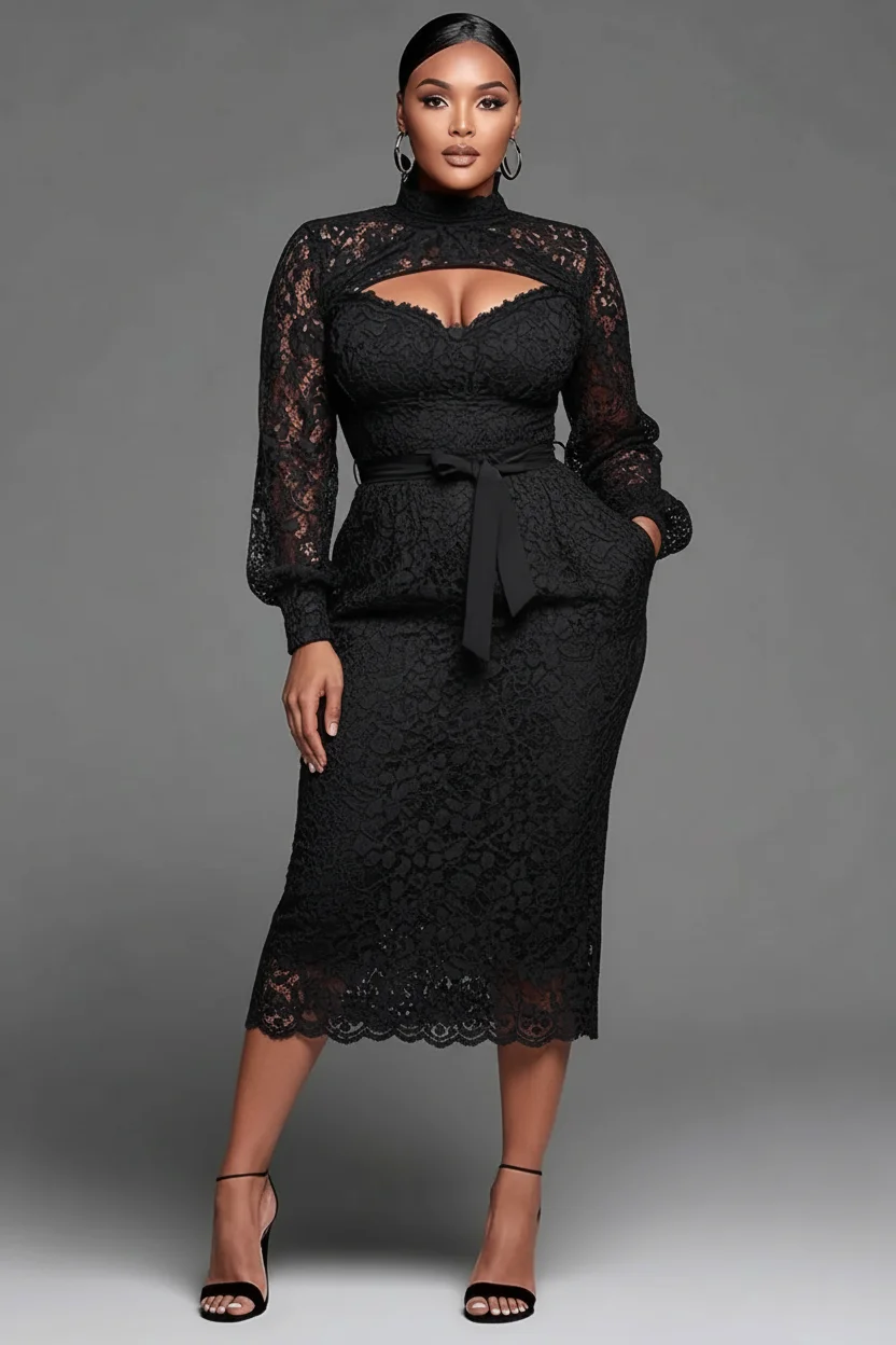 

Lace Hollow Out Elegang Evening Plus Size Pencil Dress for Women's Formal Black Half High Neck Party Club CocKtail Slim Dress
