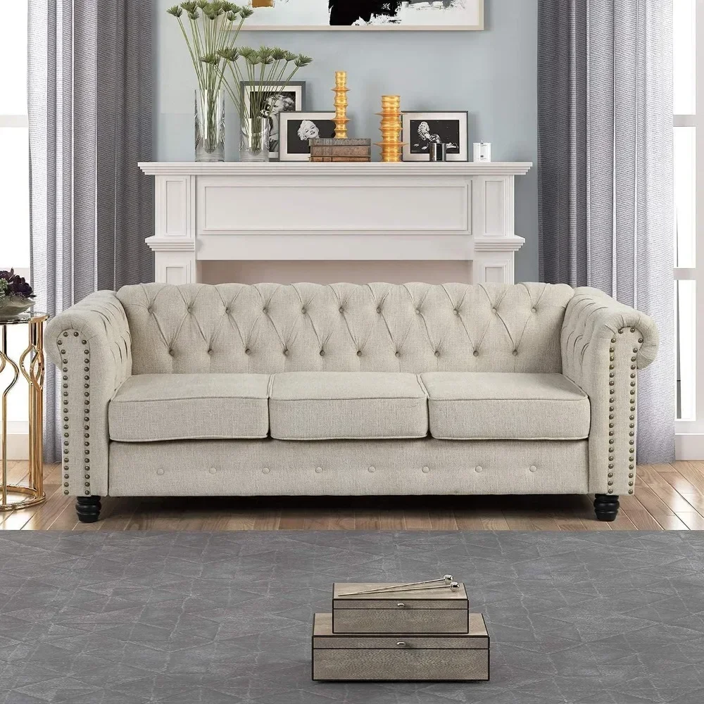 No Sagging Couch, Couches for Living Room 24'' Deep Seat Sofas Couches Pet-Friendly Linen Chesterfield Tufted Sofas, Beige