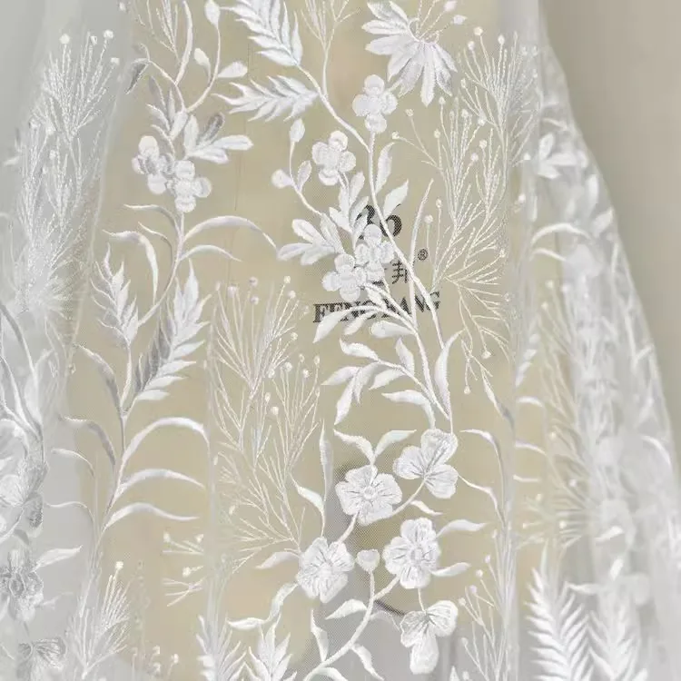 White Floral Embroidery Lace Fabric Wedding Veil Mesh Fabric Dress Accessories